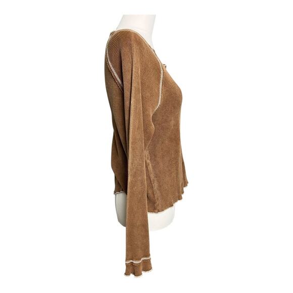 Altar'd State Thermal Waffle Knit Blouse Shirt Top Medium Brown Distressed - Picture 3 of 5